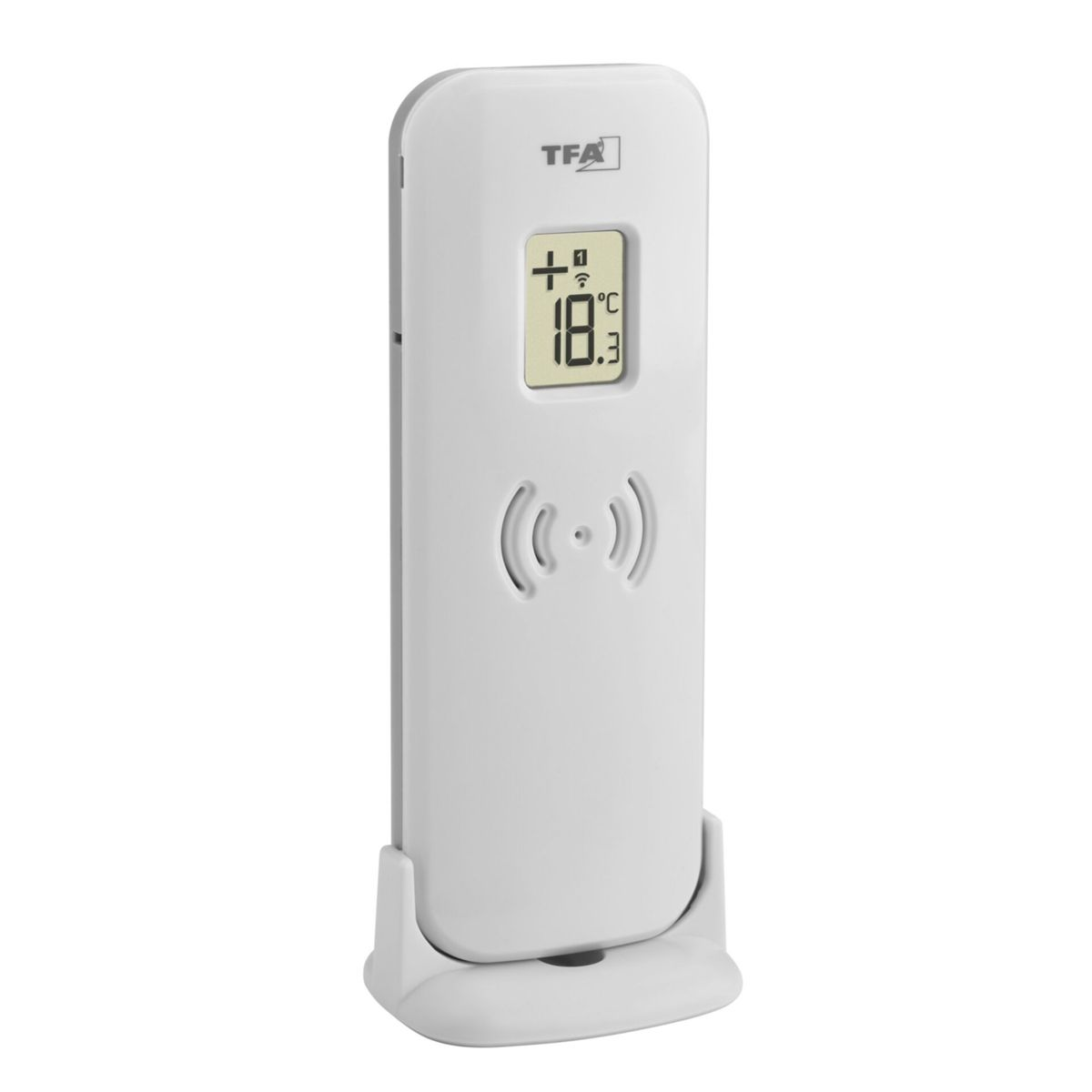 Ein weißes, tragbares Thermometer mit einer Anzeige von 18,3 Grad Celsius. Es steht auf einem weißen Ständer.