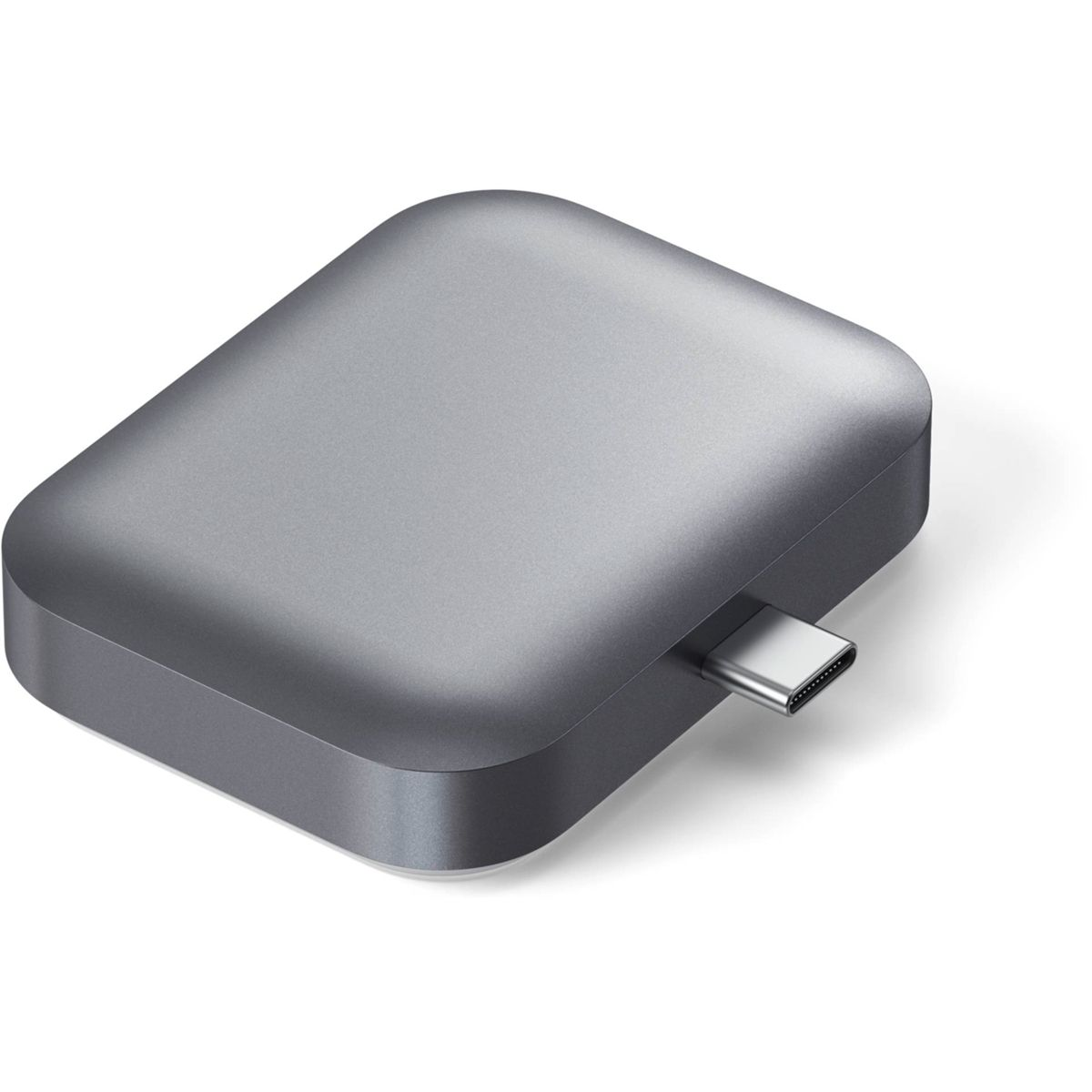 Un hub USB-C Satechi grigio. È rettangolare con angoli arrotondati e una porta USB-C su un lato.