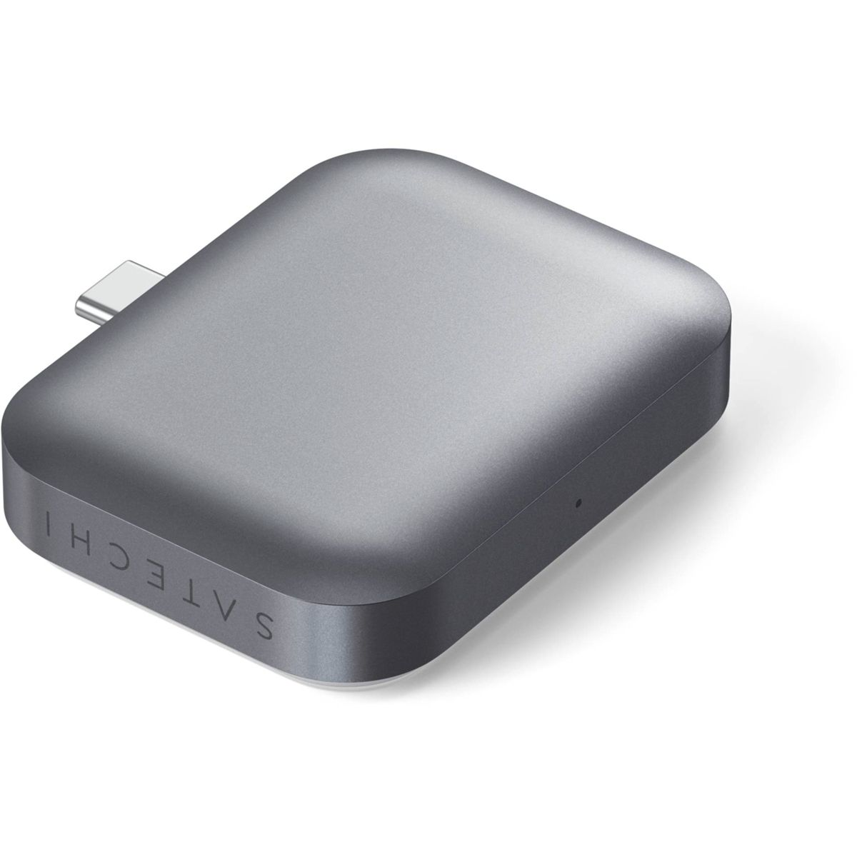 Un hub USB-C Satechi grigio. È rettangolare con angoli arrotondati e una porta USB-C su un lato.