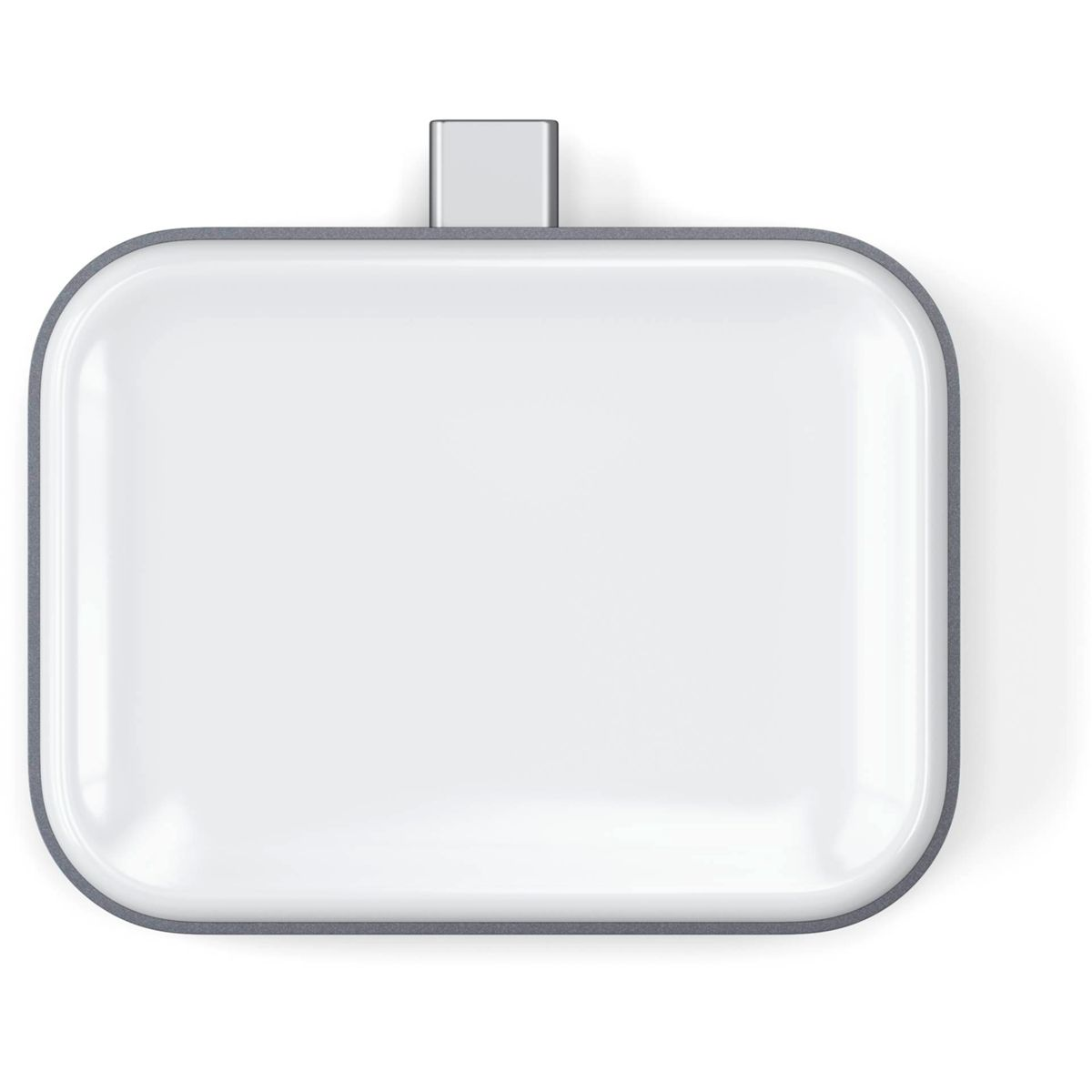 Un dispositivo bianco di forma quadrata con angoli arrotondati. Ha un bordo grigio e una porta USB-C in alto.