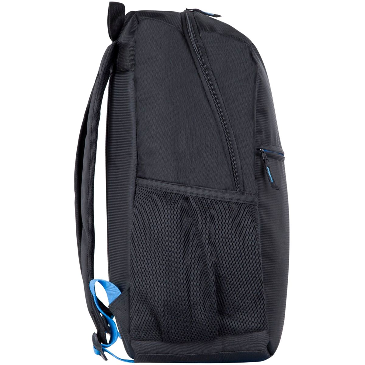 Ein schwarzer Rucksack von der Seite gesehen. Er hat eine Seitentasche aus Mesh und einen kleinen blauen Akzent.