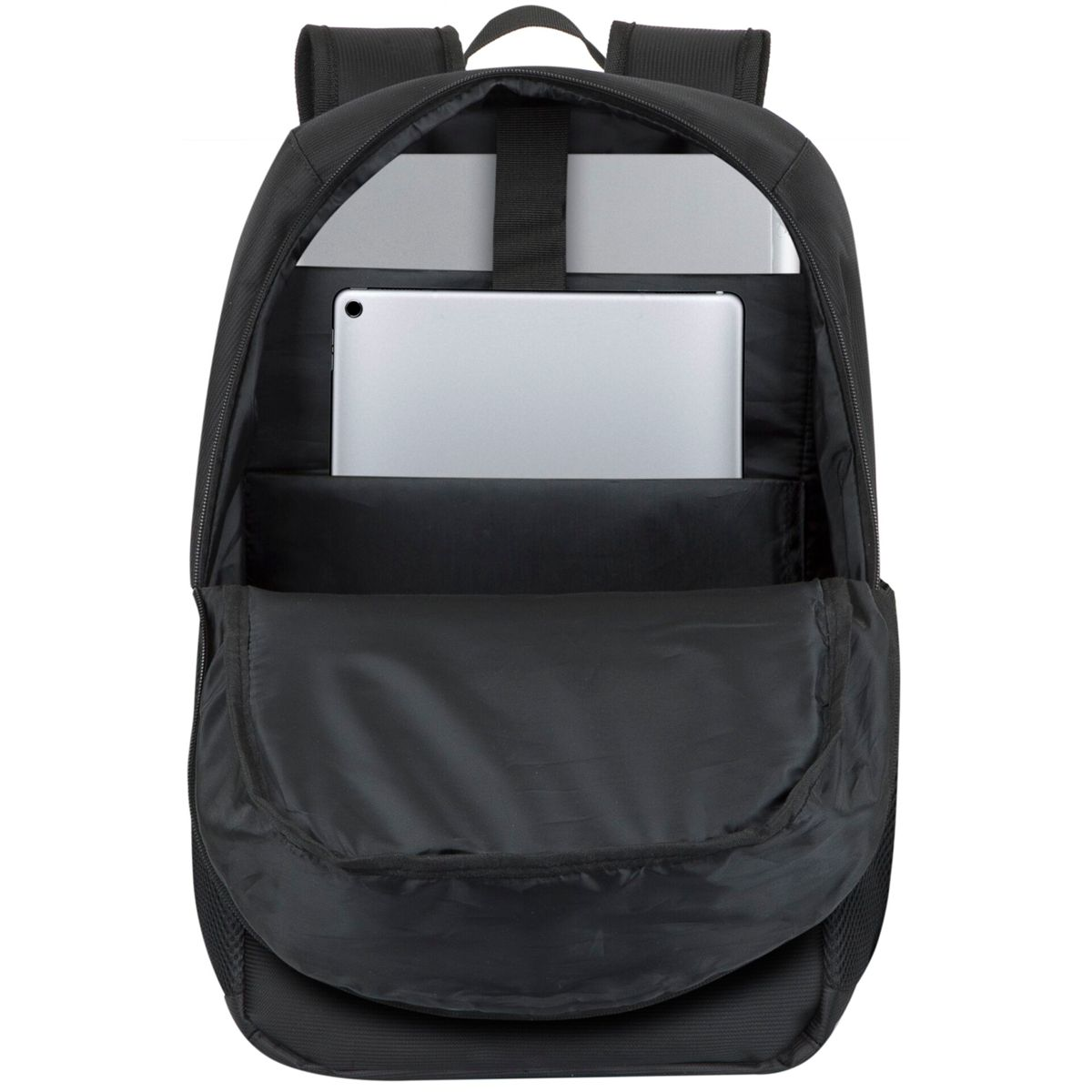 Ein schwarzer Rucksack mit offenen Fächern, der ein Tablet und einen Laptop zeigt.