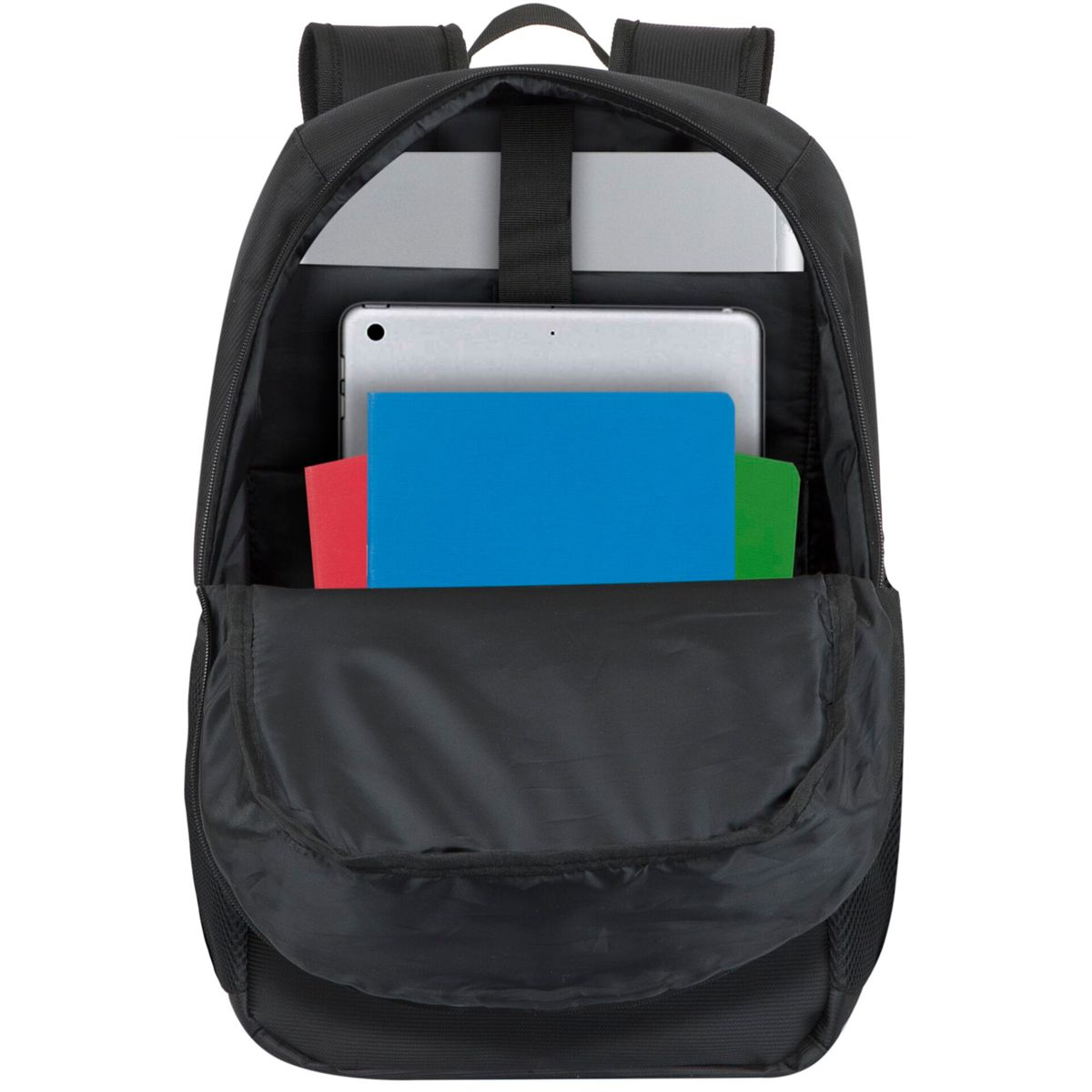 Ein schwarzer Rucksack mit offenen Fächern, der ein Tablet, einen Laptop und bunte Notizbücher zeigt.