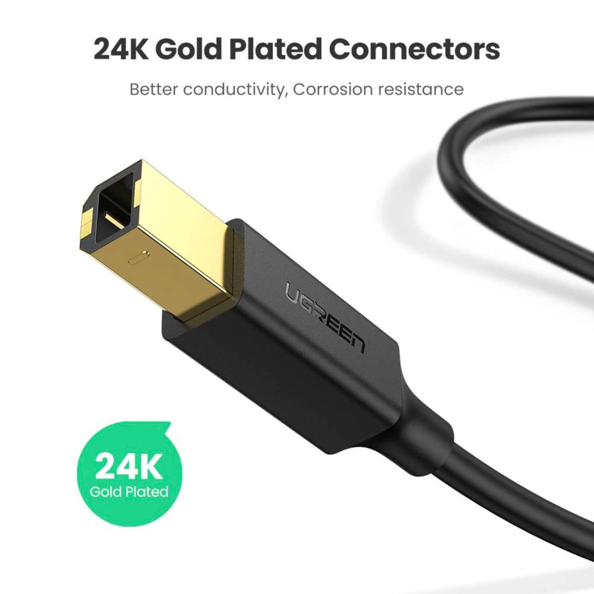 Pozłacany konektor na czarnym kablu, oznaczony jako 'UGREEN'. Tekst wspomina '24K Gold Plated Connectors'.