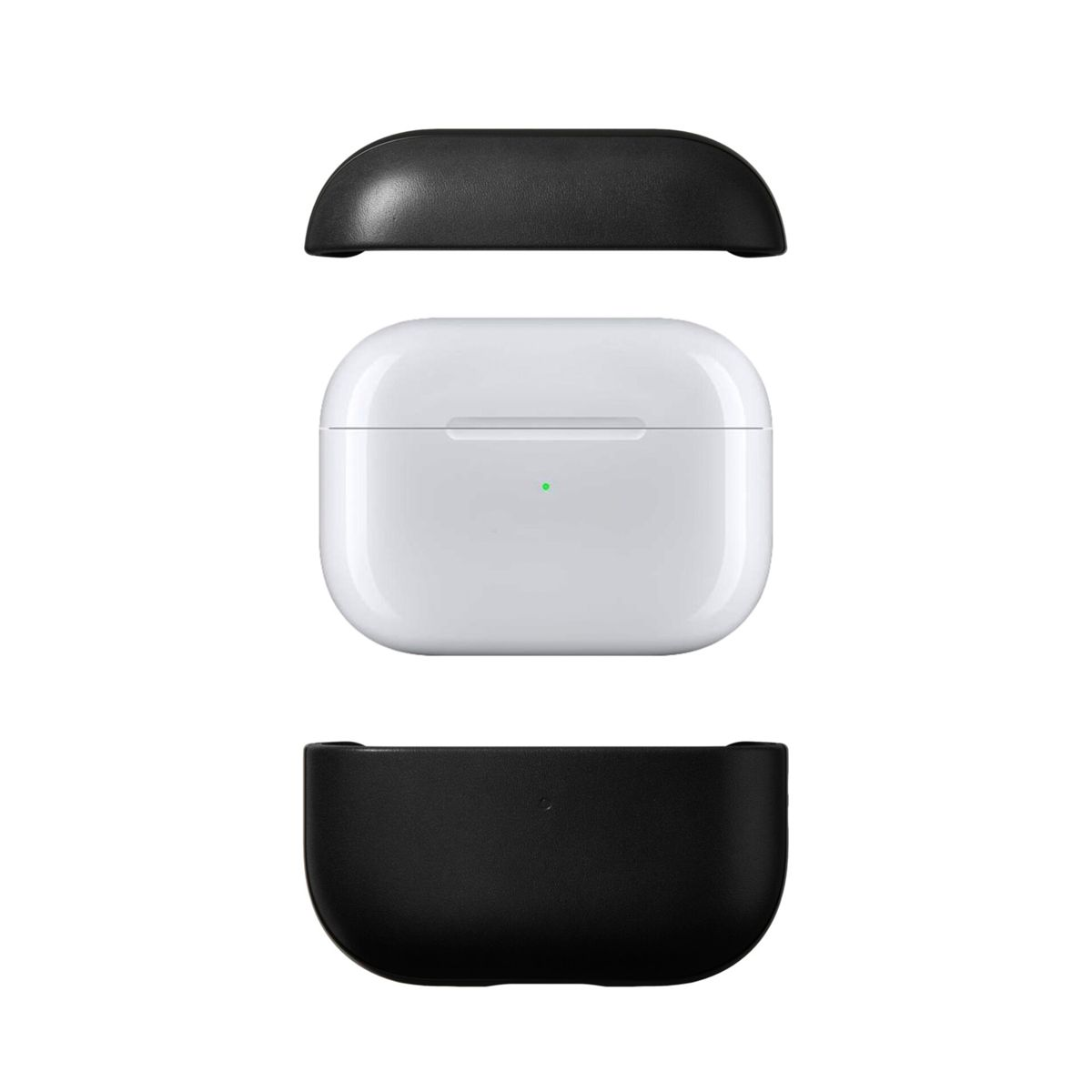 Una custodia bianca per AirPods con coperchio e fondo separati. La custodia ha una luce verde.