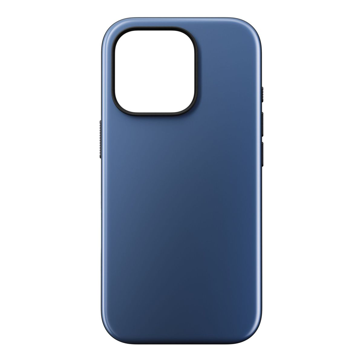 Custodia blu navy con ritaglio per fotocamera. Un caricatore bianco è collegato.