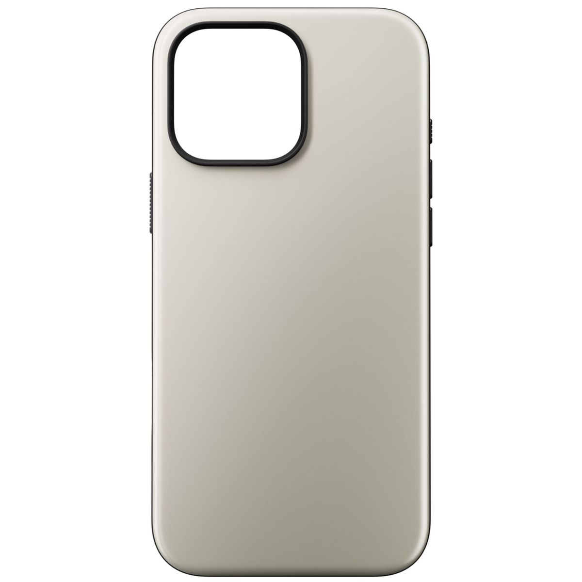 Una custodia per telefono color crema con un foro nero per la fotocamera e pulsanti. Il logo Nomad è visibile.