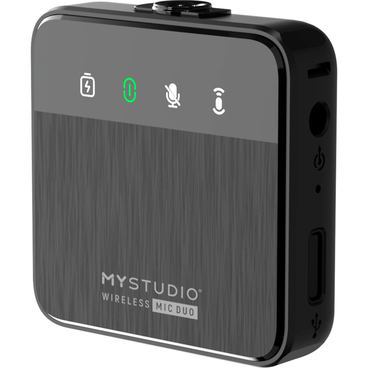 Ein schwarzes drahtloses MYSTUDIO-Mikrofon mit einem Bildschirm, der Symbole zeigt. Schwarzer Hintergrund.