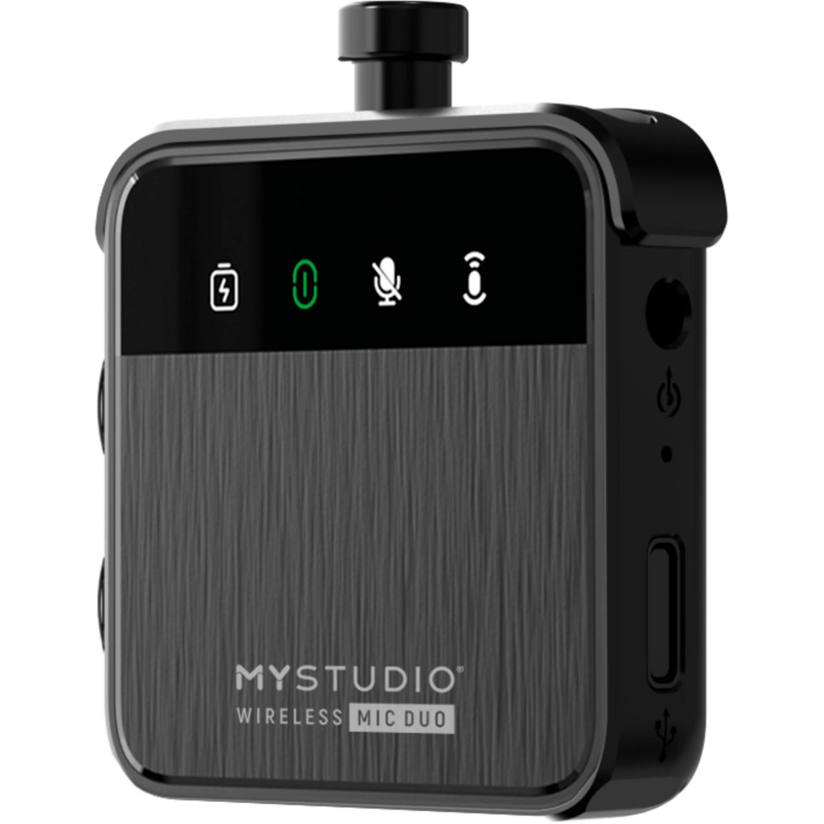 Ein schwarzes drahtloses Mikrofon 'MYSTUDIO'. Es hat einen Bildschirm mit Symbolen und eine graue Textur.