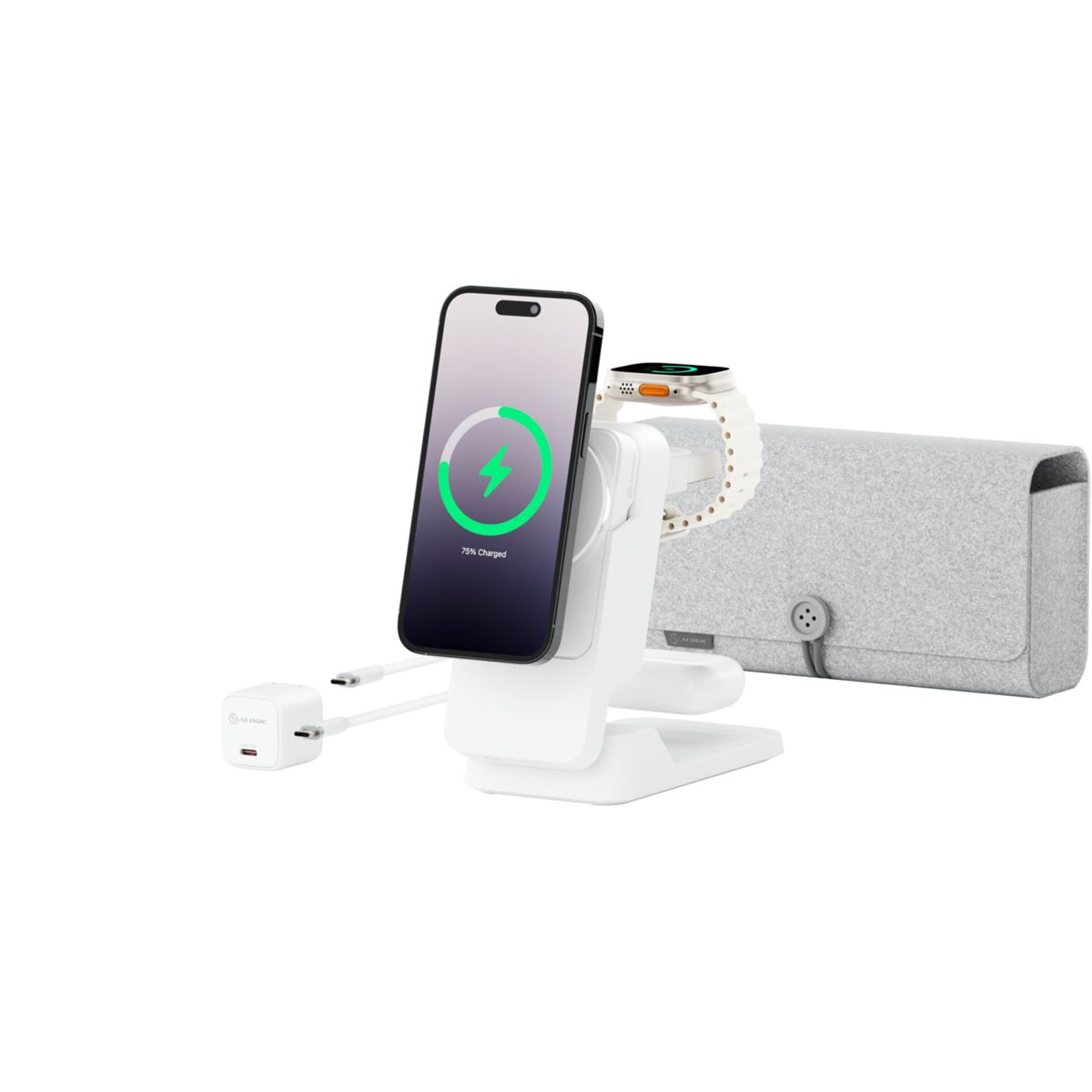 Un telefono in carica su un supporto bianco accanto a un orologio e una custodia. Il telefono mostra il 75% di carica.