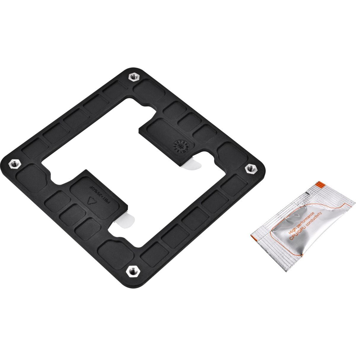 Czarna kwadratowa ramka z kwadratowym wycięciem i mała paczka pasty termoprzewodzącej.