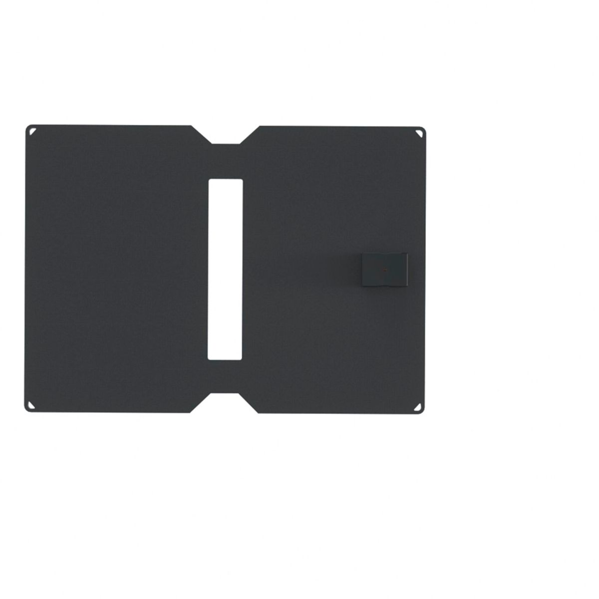 Marco negro rectangular con un gran recorte y una pequeña pieza rectangular unida al lado.