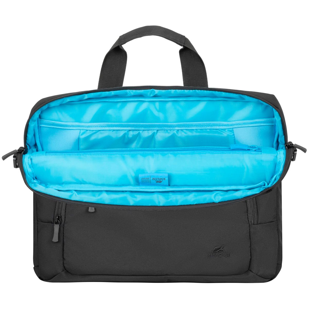 Eine offene schwarze Laptoptasche mit blauem Innenraum.