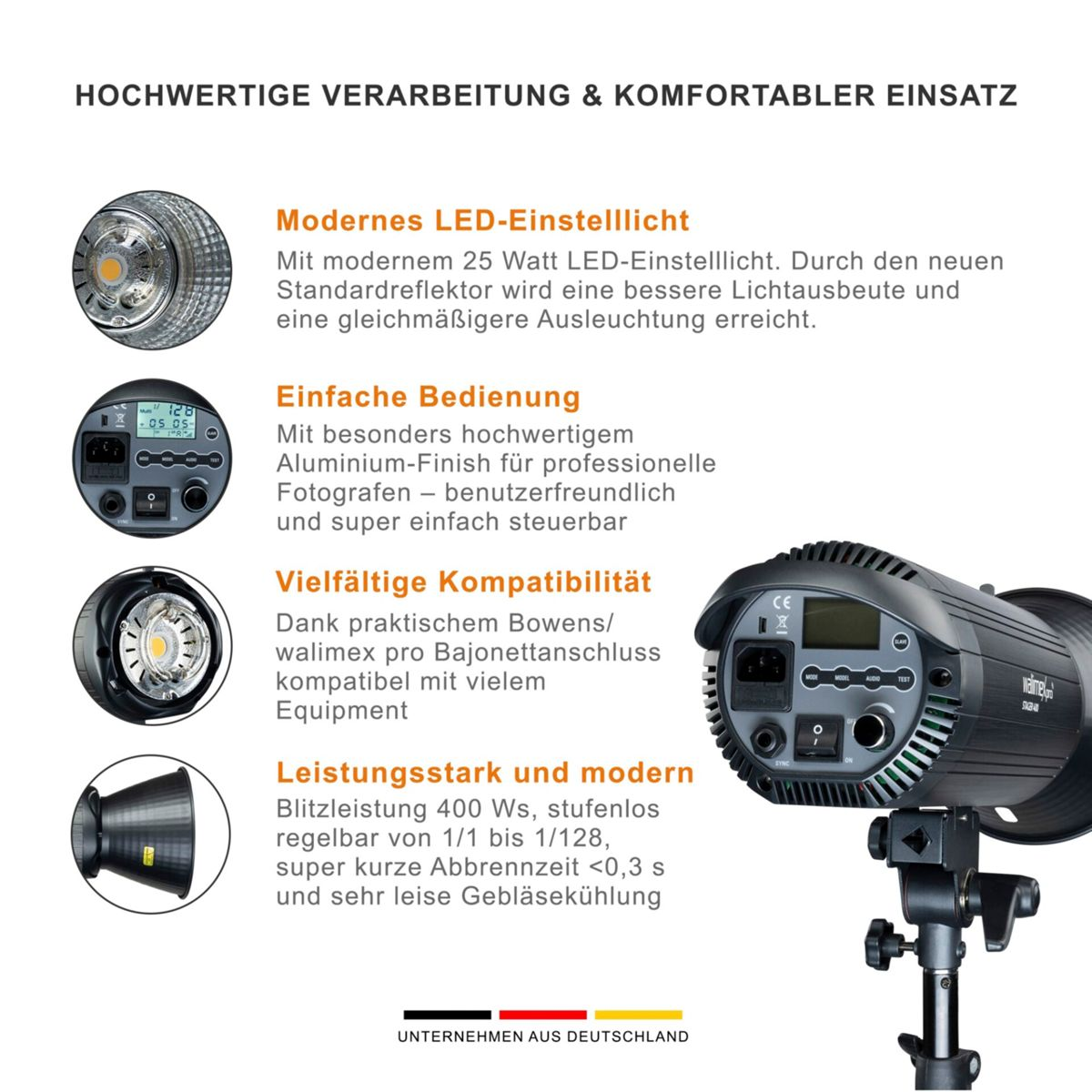 Eine Werbung mit Produktmerkmalen eines schwarzen Ofens mit Text und Diagrammen, mit weißem Hintergrund.