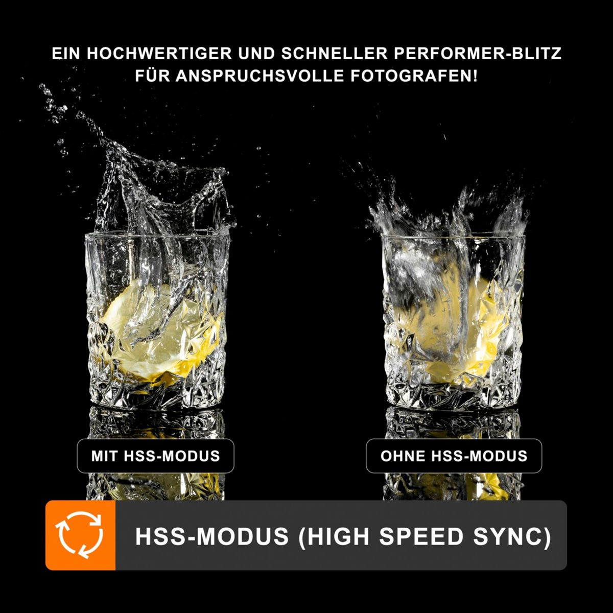 Zwei Gläser Wasser mit Zitrone, eines mit und eines ohne HSS-Modus.