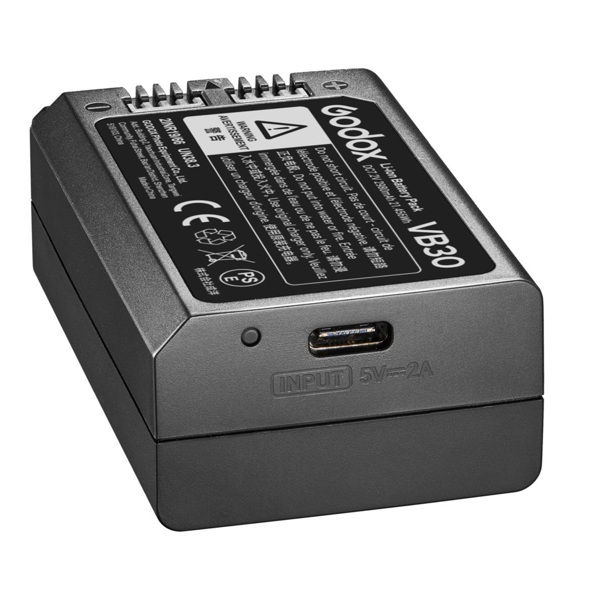 Czarny akumulator z tekstem i symbolami. Posiada wejście USB.