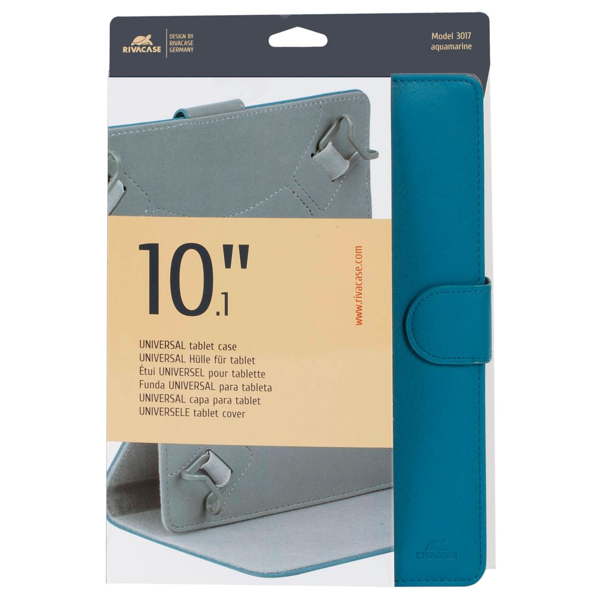 Una confezione di custodia per tablet con una cover turchese e un interno grigio. Testo e immagini.