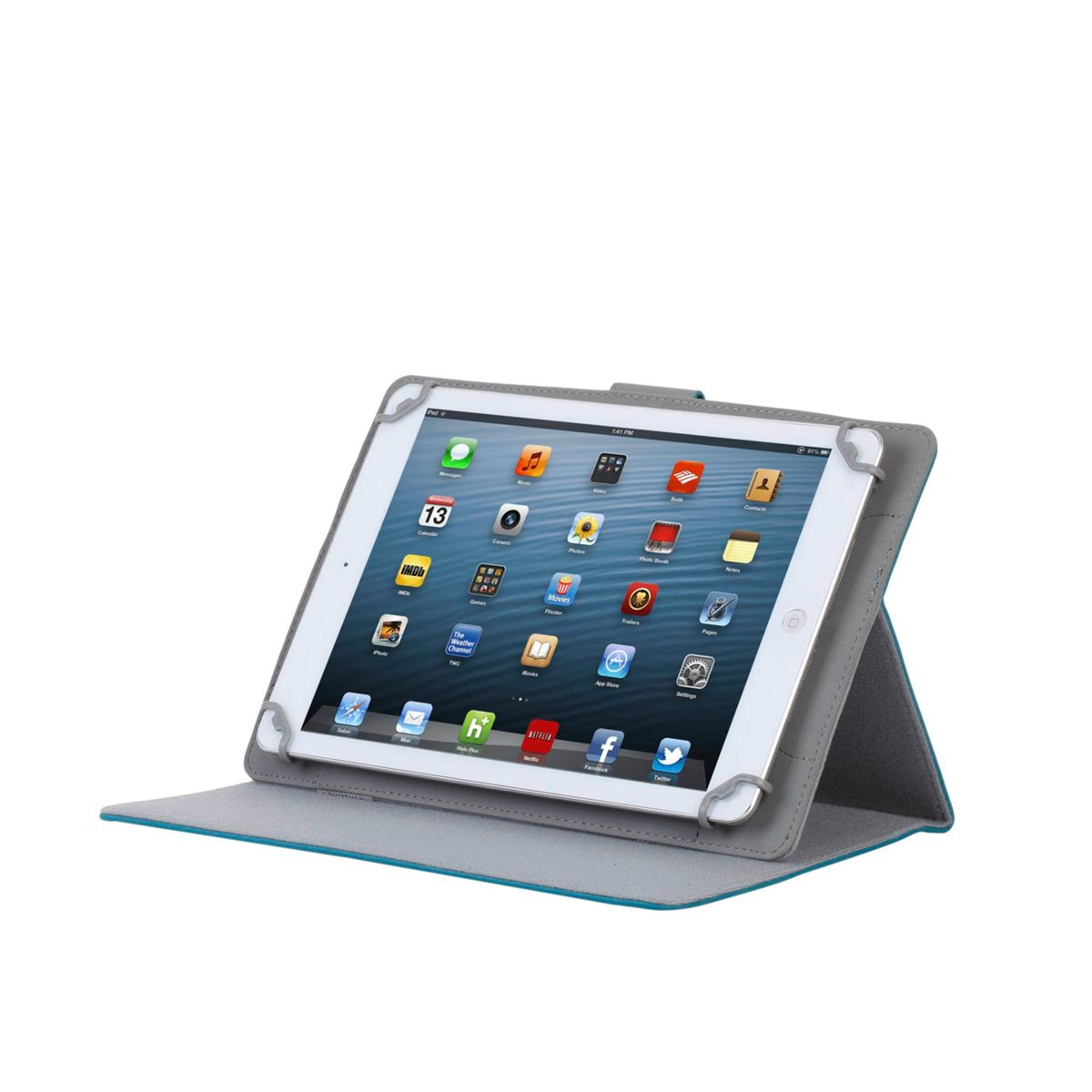 Un tablet bianco in una custodia grigia e verde acqua è aperto su sfondo bianco.