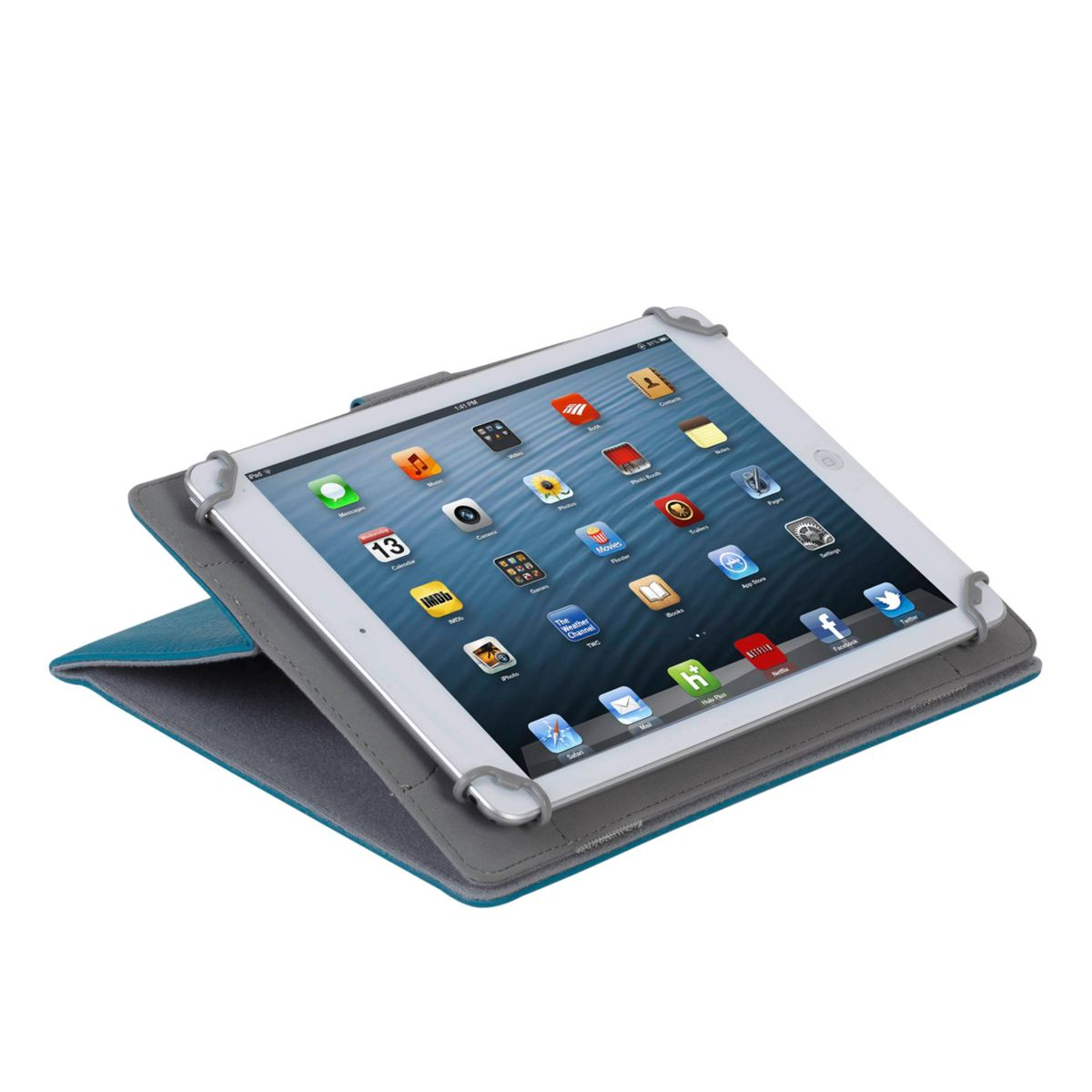 Un tablet in una custodia. La custodia è grigia con dettagli turchesi.