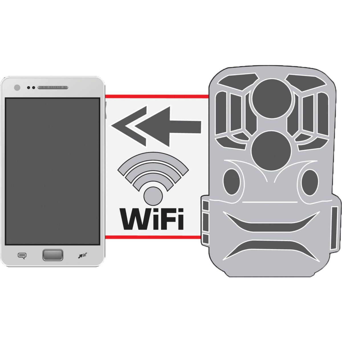 Ein weißes Smartphone kommuniziert über WLAN mit einer grauen Kamera.