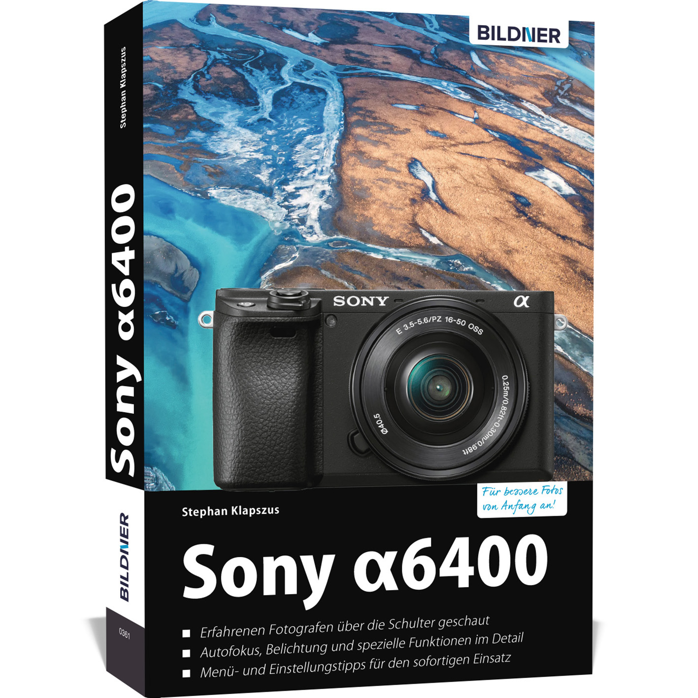 Box für Sony α6400 Kamera. Die Kamera ist sichtbar. Text auf Deutsch beinhaltet 'Bildner' und 'Sony α6400'.