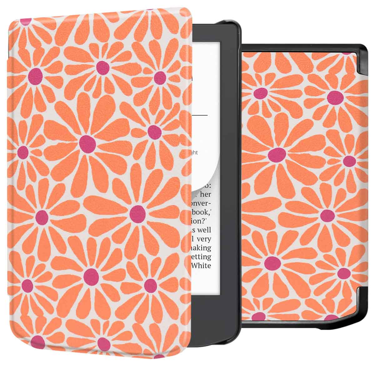 Een open ebook cover met oranje en roze bloemenpatroon op een witte achtergrond.
