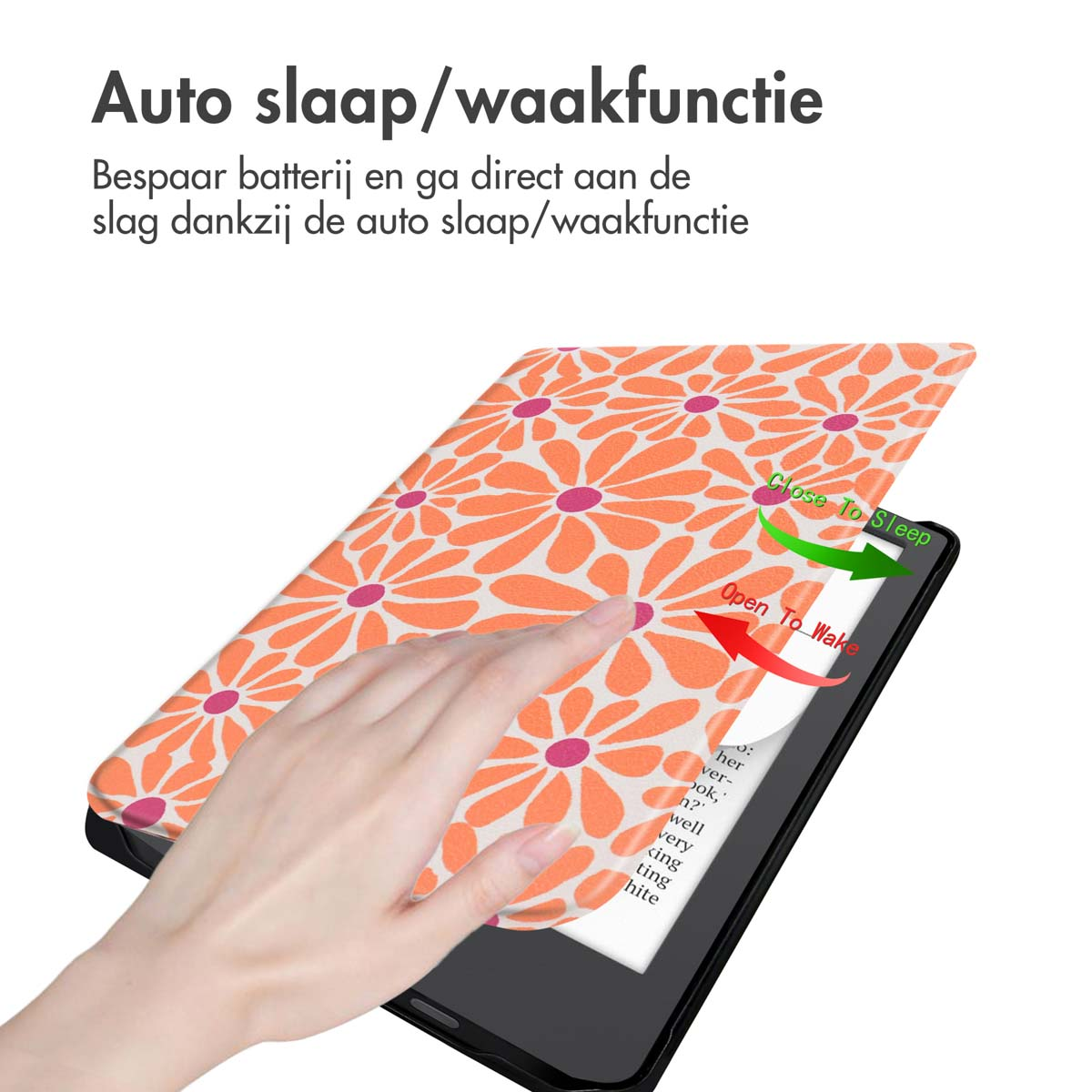 Hand die een ebook aanraakt. De cover heeft oranje bloemen op een witte achtergrond.
