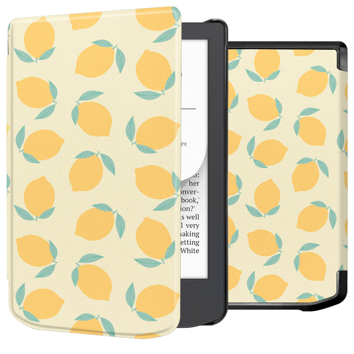 Een open ebook cover met een citroen patroon op een lichtgele achtergrond.