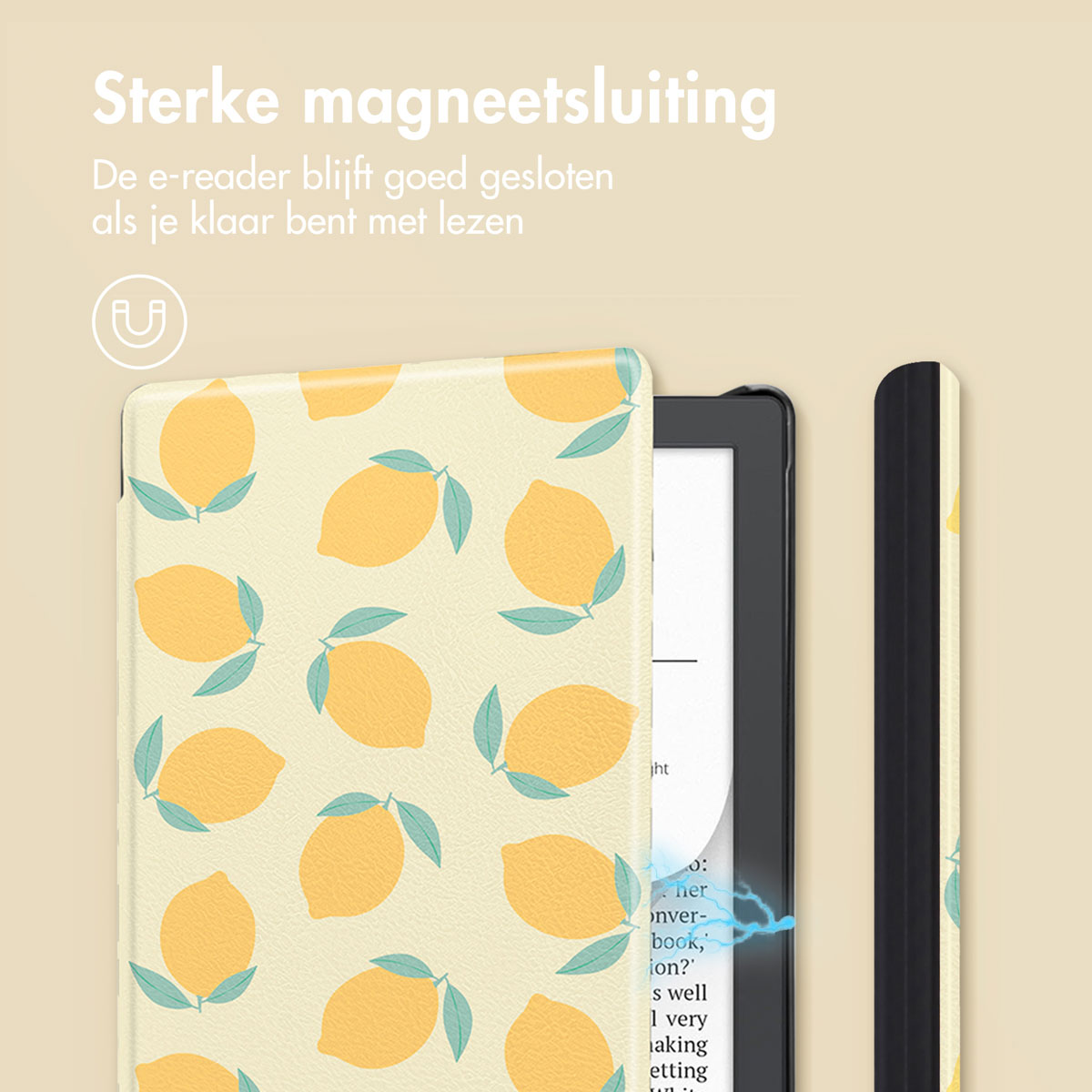 Een e-readerhoes met een citroenpatroon, met een sterke magnetische sluiting.