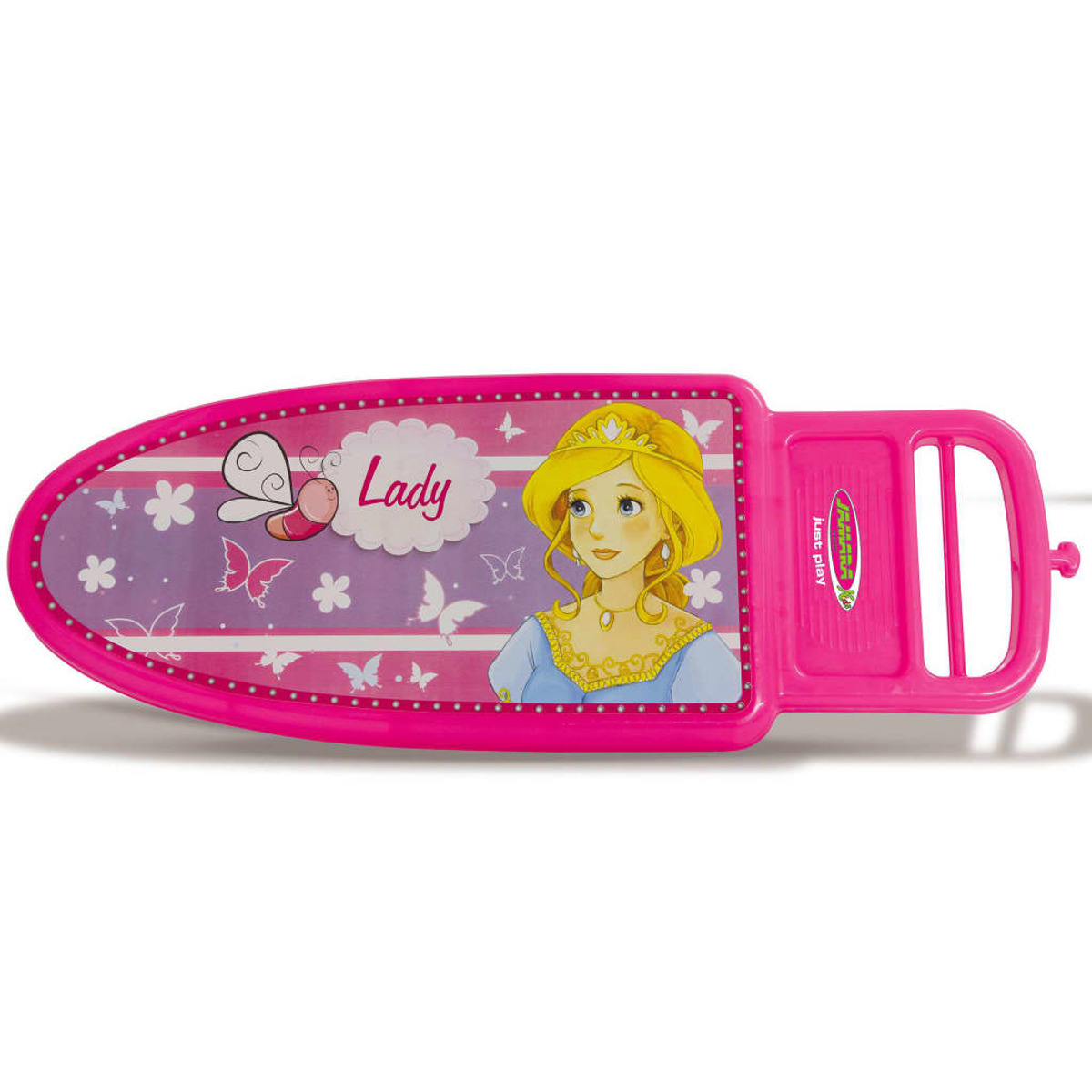 Ein rosa Spielzeugbügelbrett mit Prinzessinnen-Design, Schmetterlingen und dem Wort 'Lady'.