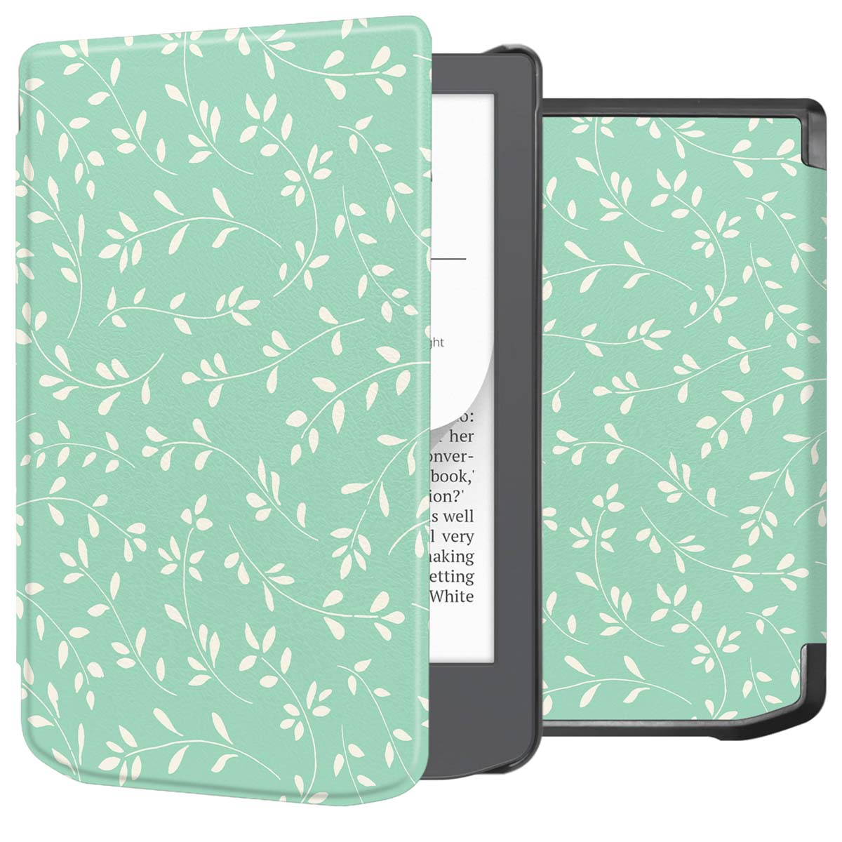 E-reader hoesje met een mintgroen en wit bloemenpatroon en een Pocketbook logo.