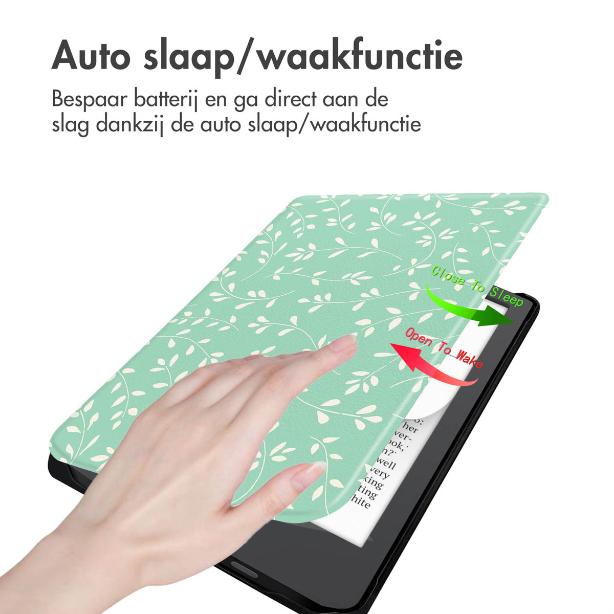 Hand met tablet met bladeren en tekst: auto slaap/waak functie.