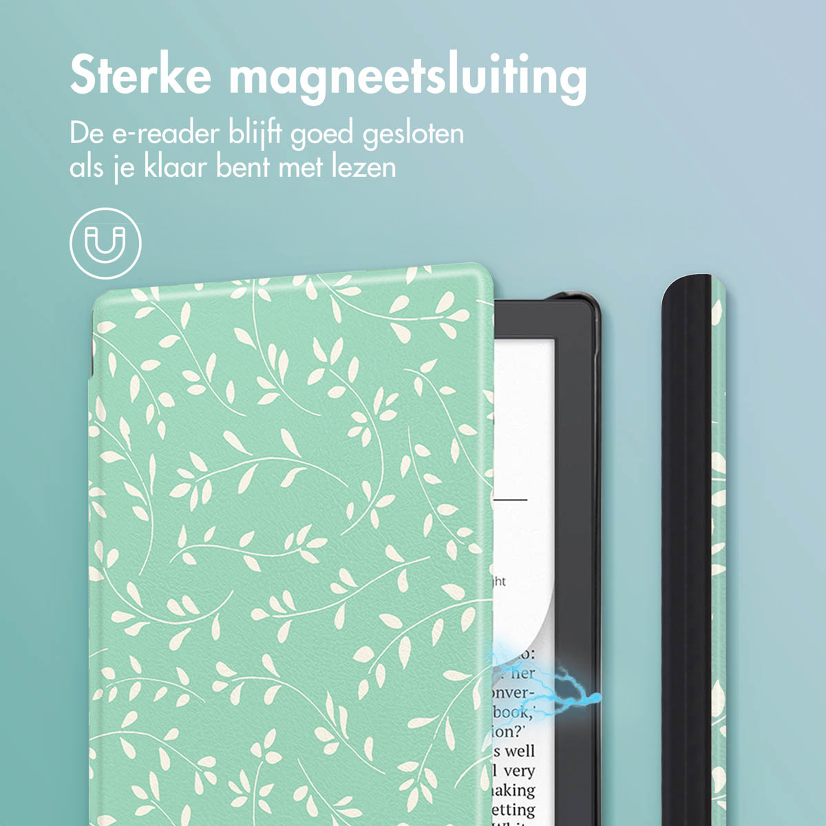 Een lichtgroene e-reader hoes met een wit bladerpatroon wordt getoond op een witte achtergrond.