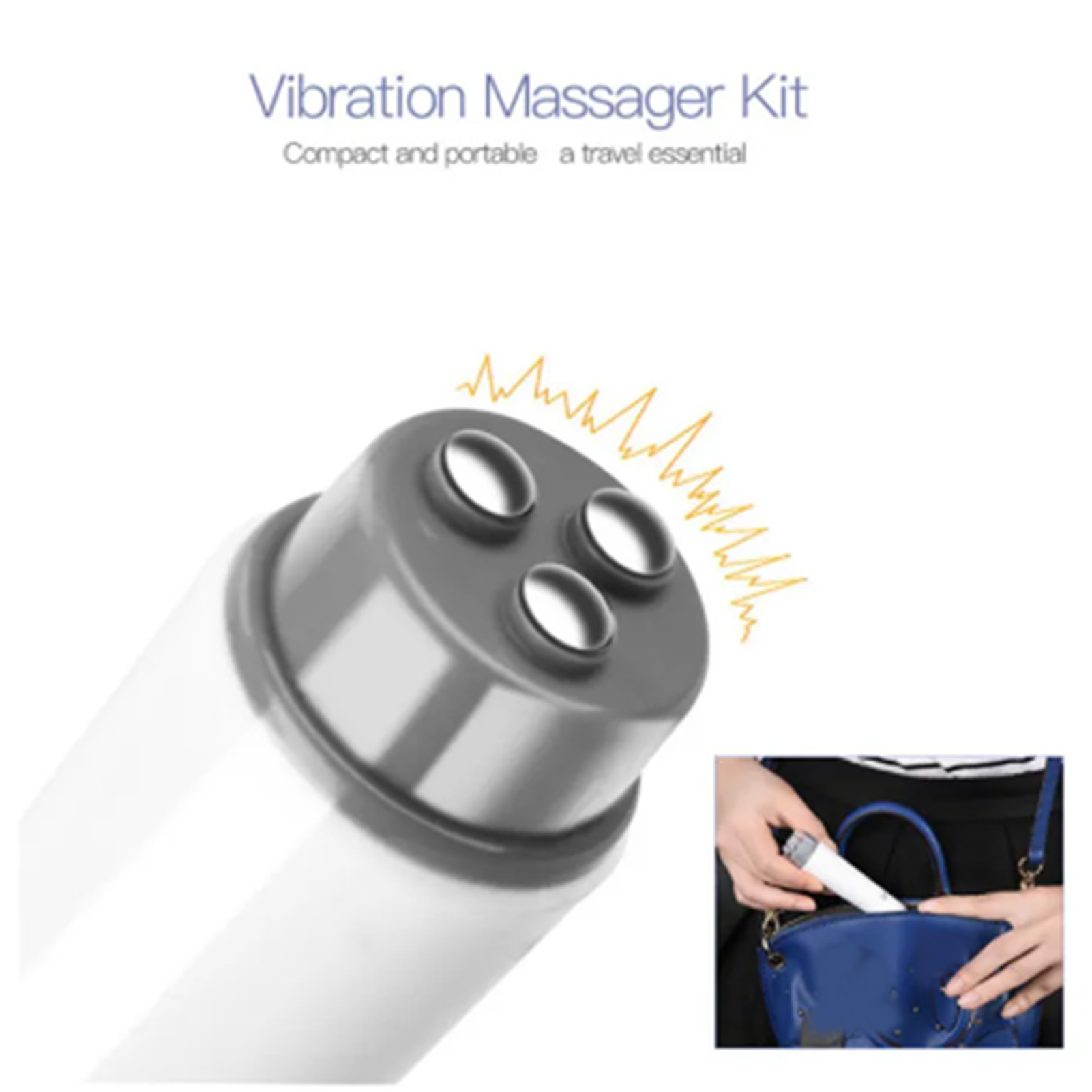 Ein weiß-graues Massagegerät-Set mit drei Kopflöchern, einer blauen Handtasche und einer Hand, die das Gerät hält.