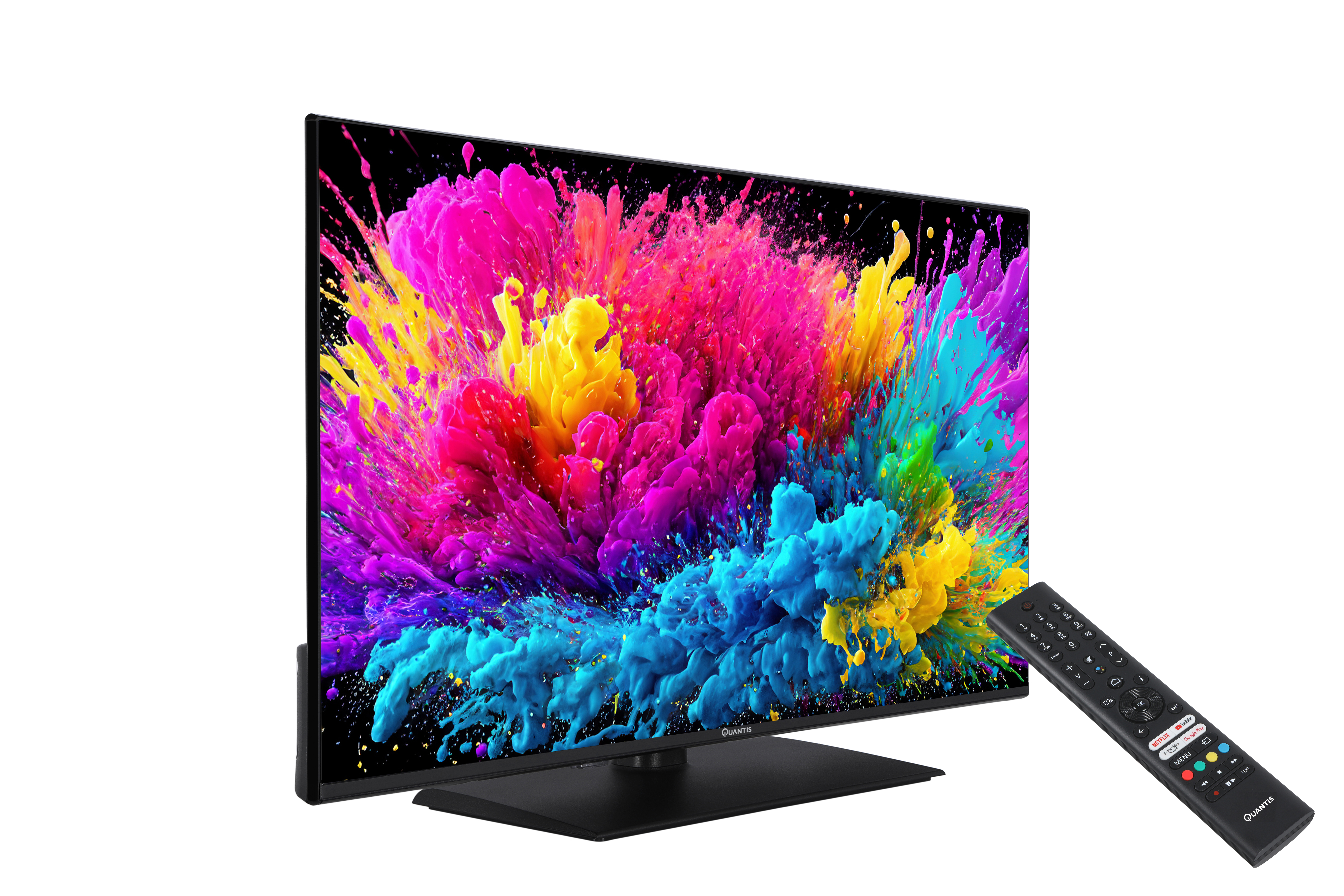 A flat-screen TV displaying a colorful explosion. A remote control is placed on the right.