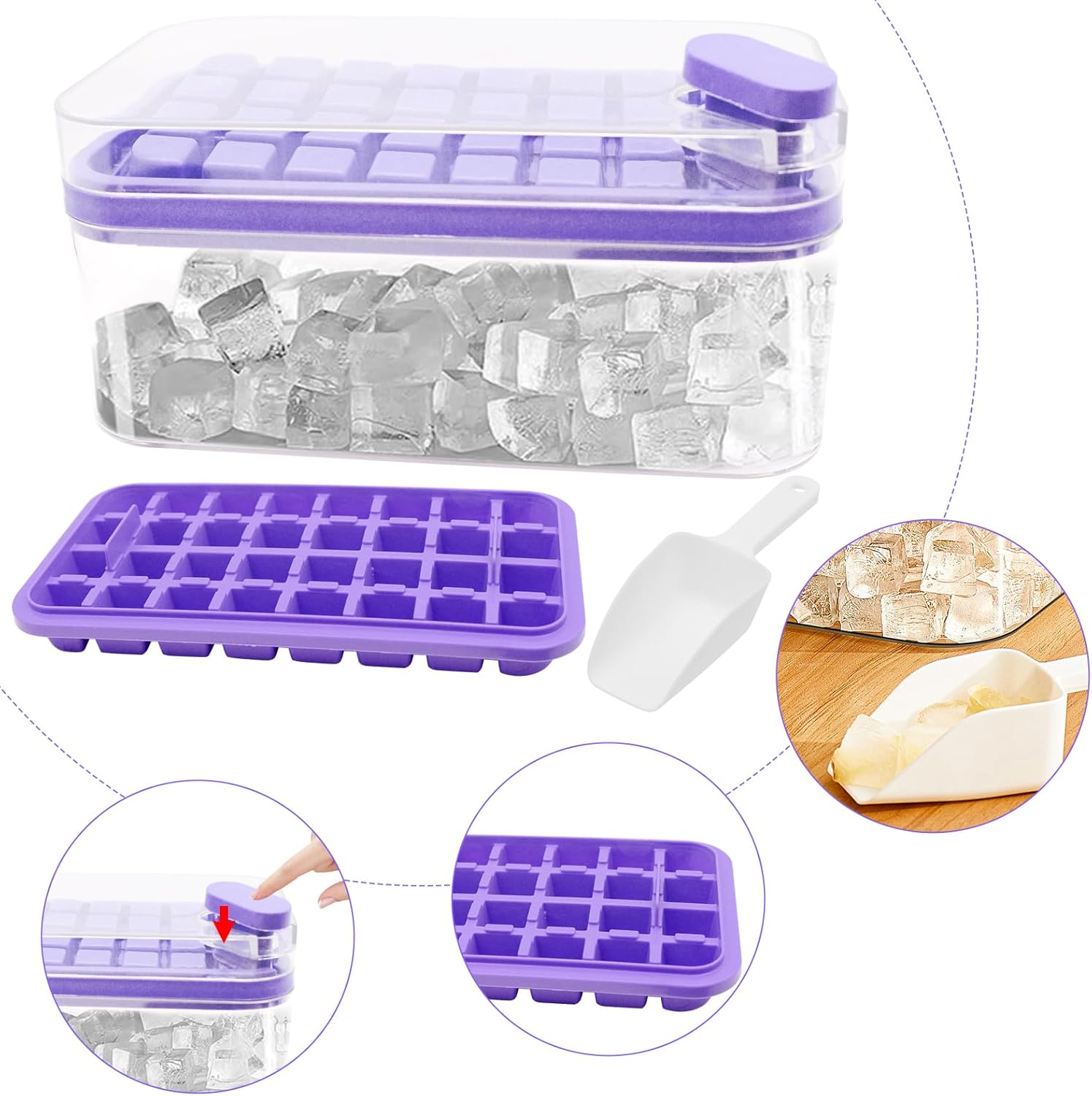 Ein Eiswürfelbereiter mit lila Tablett, transparentem Behälter und einem Schöpfer. Eiswürfel sind auch vorhanden.