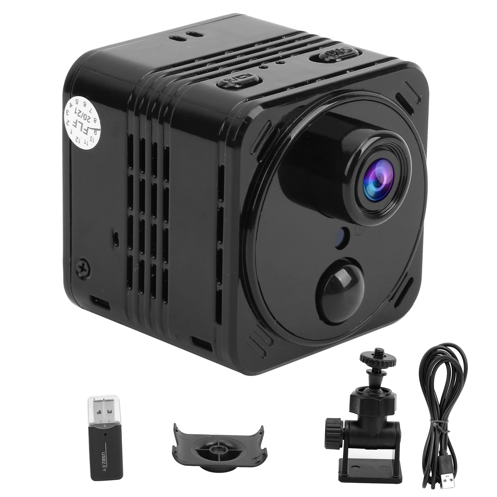 Eine kleine schwarze Würfelkamera mit Objektiv und Zubehör, einschließlich USB und Halterung.
