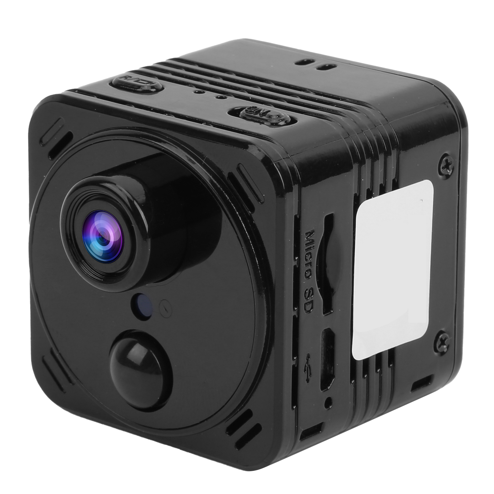 Eine schwarze Würfelkamera mit Objektiv, Knöpfen und einem Micro-SD-Steckplatz. Es ist ein kompaktes Gerät.