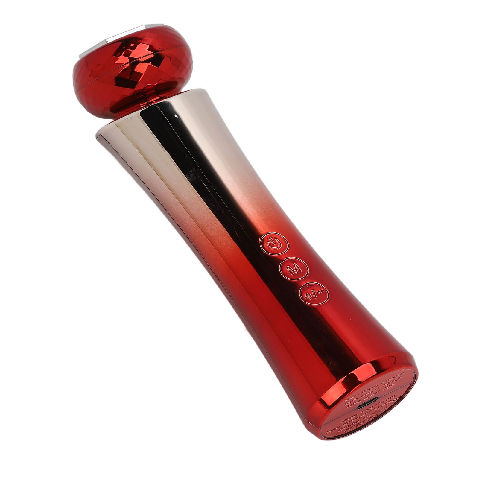 Ein rotes und silbernes Schönheitsgerät. Roter Kopf und silberner Körper mit drei Knöpfen unten.