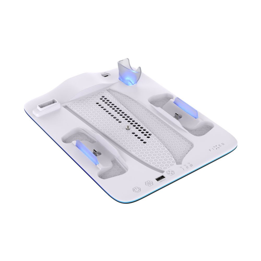 Un supporto bianco per console di gioco. Slot per controller, giochi e area ventola.