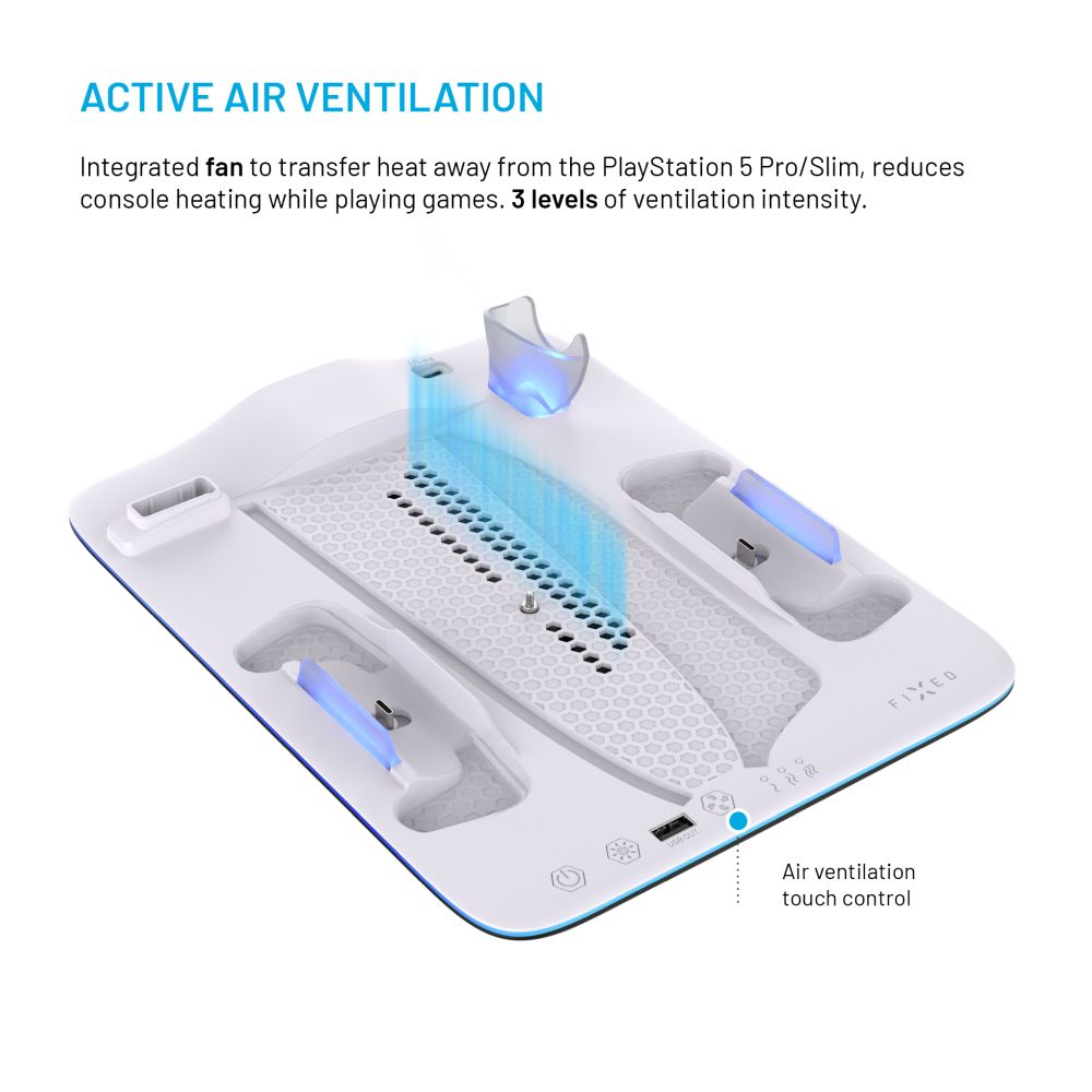 Supporto di raffreddamento bianco con ventola, due slot per controller e controlli touch. Accenti di luce blu.