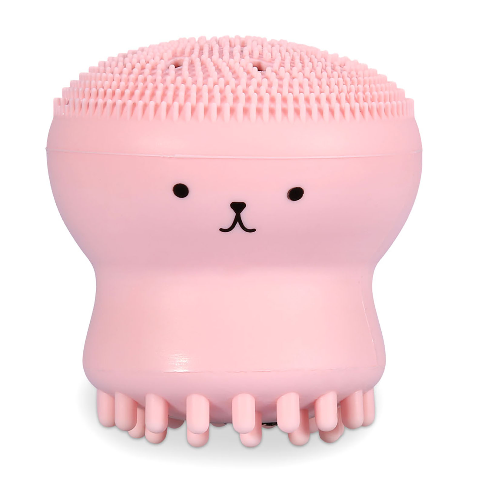 Eine rosa Gesichtsreinigungsbürste in Form eines Oktopus mit einem Cartoon-Gesicht.
