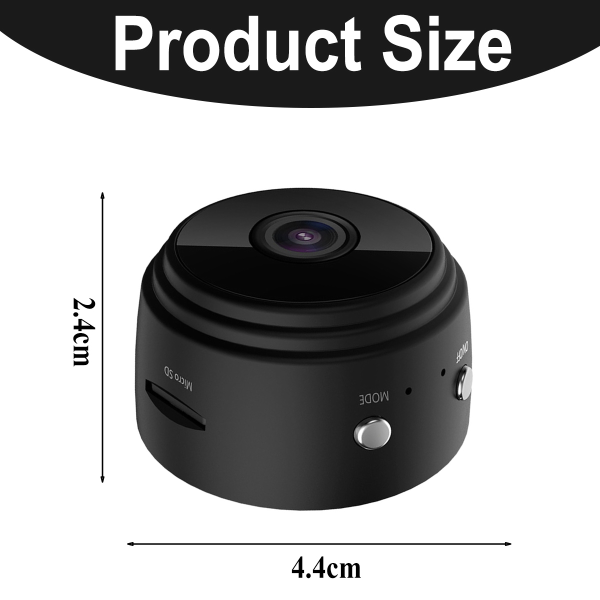 Eine kleine schwarze Kamera mit den angegebenen Abmessungen: 2,4 cm hoch, 4,4 cm breit.