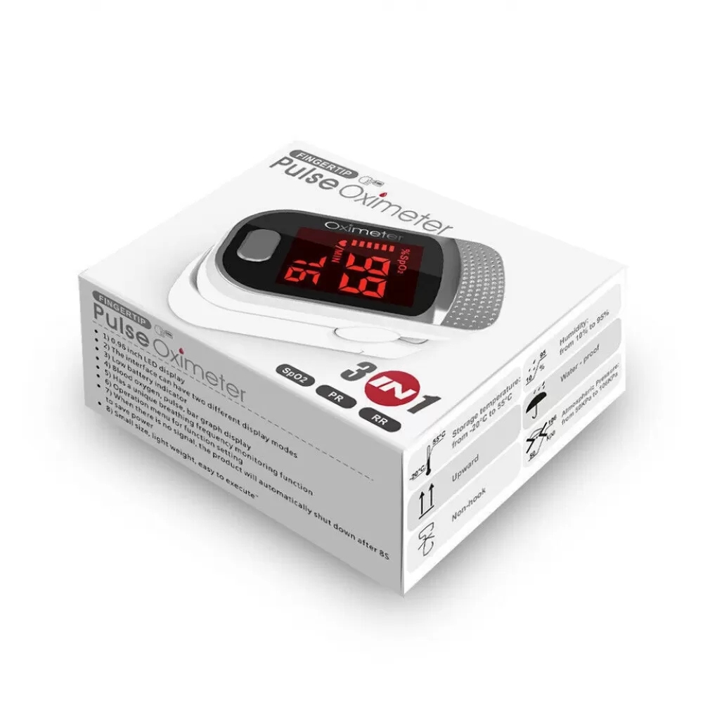 Das Bild zeigt eine Produktverpackung für ein Pulsoximeter mit verschiedenen Funktionen und Spezifikationen.