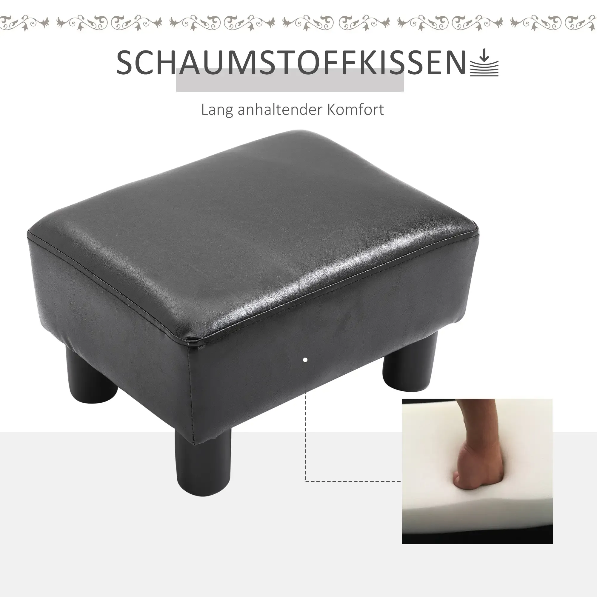 Das Bild zeigt einen schwarzen Fußhocker mit einem Schaumstoffkissen-Vergleich.