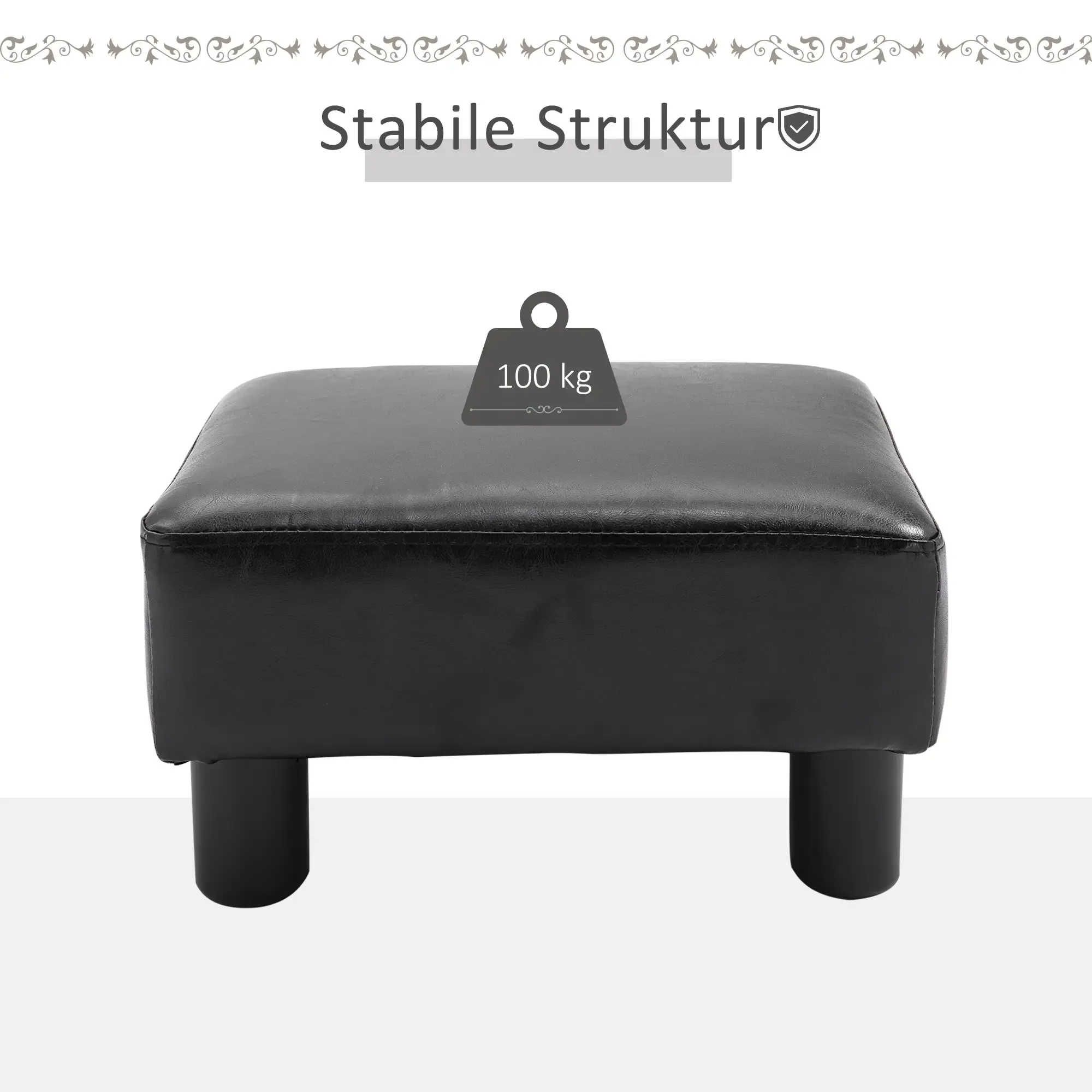 Ein schwarzer Hocker mit vier schwarzen Beinen, mit einem Gewichtssymbol von 100 kg. Weißer Hintergrund.