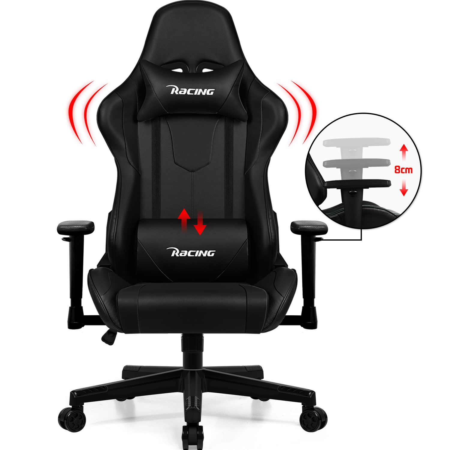 Ein schwarzer Gaming-Stuhl mit Kopfstütze und Lendenwirbelstütze, ein Kreis zeigt die Höhenverstellung.