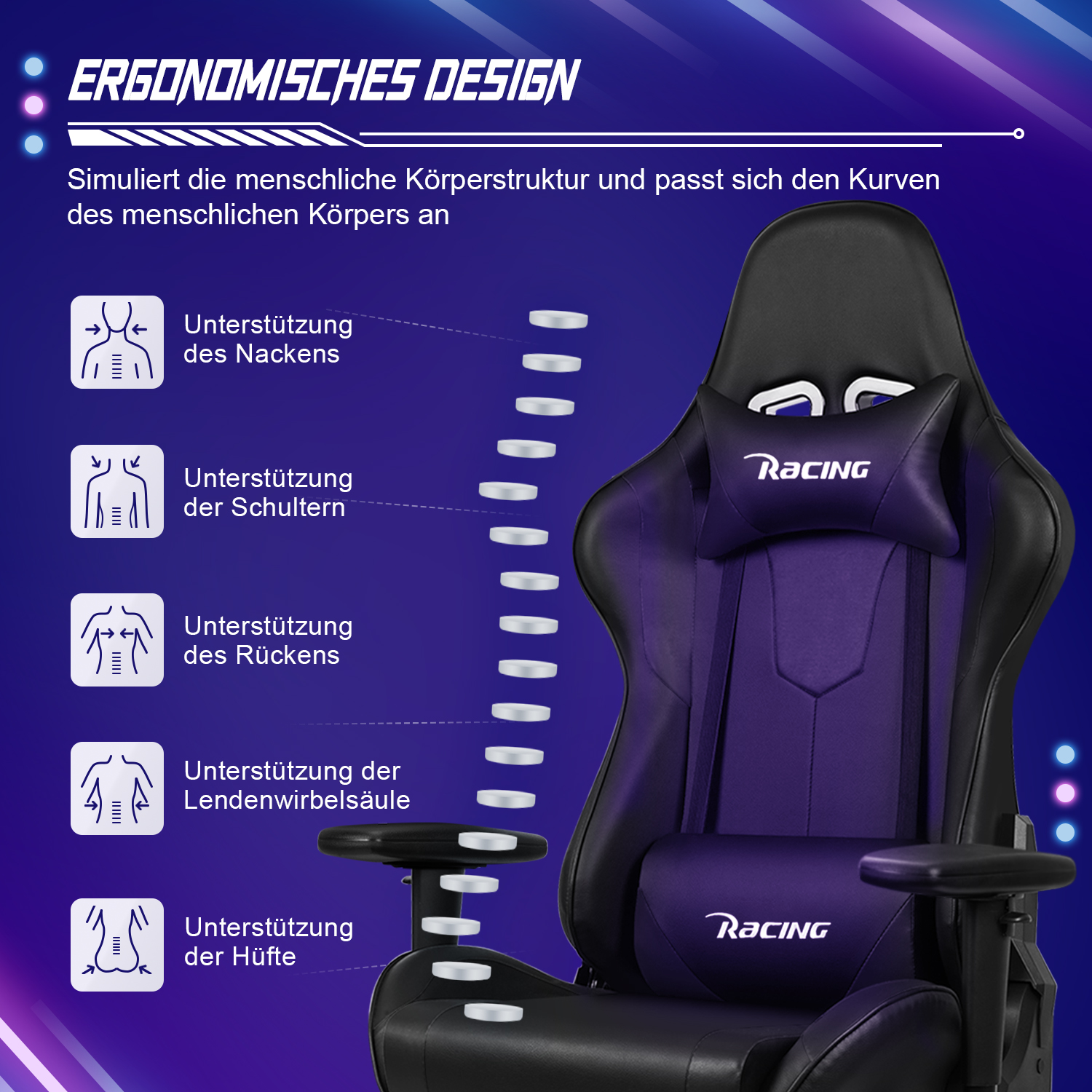 Gaming-Stuhl mit ergonomischem Design. Er hat Nacken-, Schulter-, Rücken-, Lenden- und Hüftstütze. Lila und Schwarz.