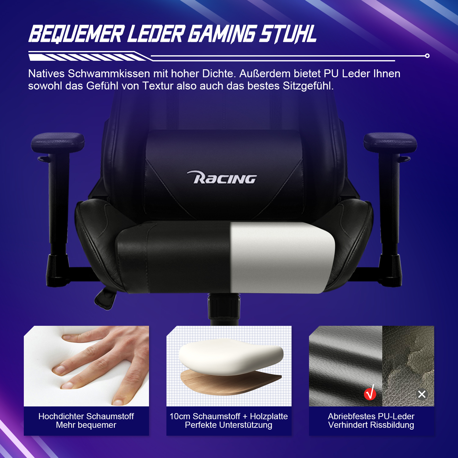 Schwarzer Gaming-Stuhl. Zeigt Details wie hochdichten Schaumstoff, PU-Leder. Rückenlehne mit Racing-Logo. Schwarze Armlehnen.