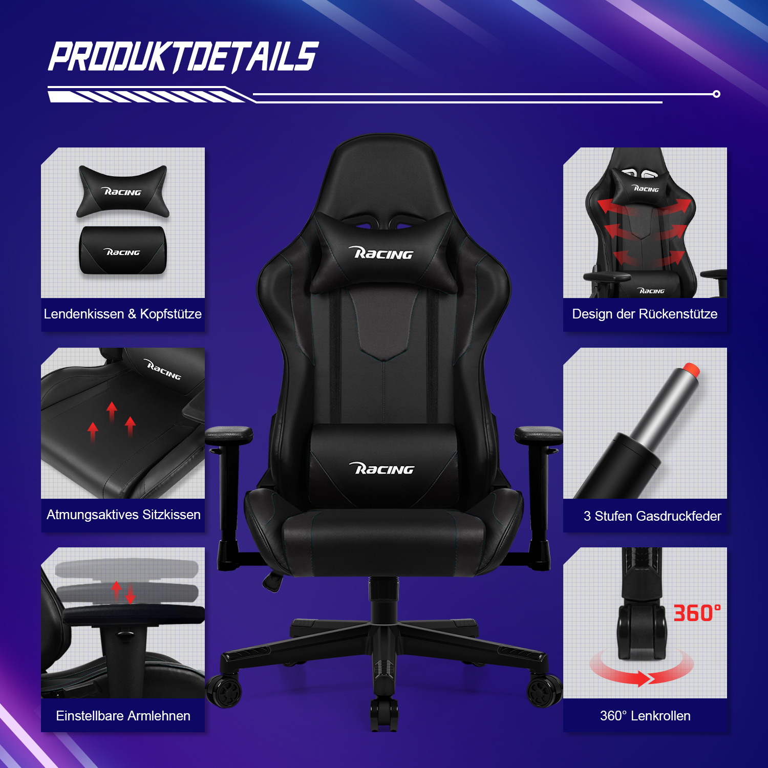Schwarzer Gaming-Stuhl. Detaillierte Ansicht der Komponenten des Stuhls: Kopfstütze, Lendenwirbelstütze, Sitz, Armlehnen und Räder.